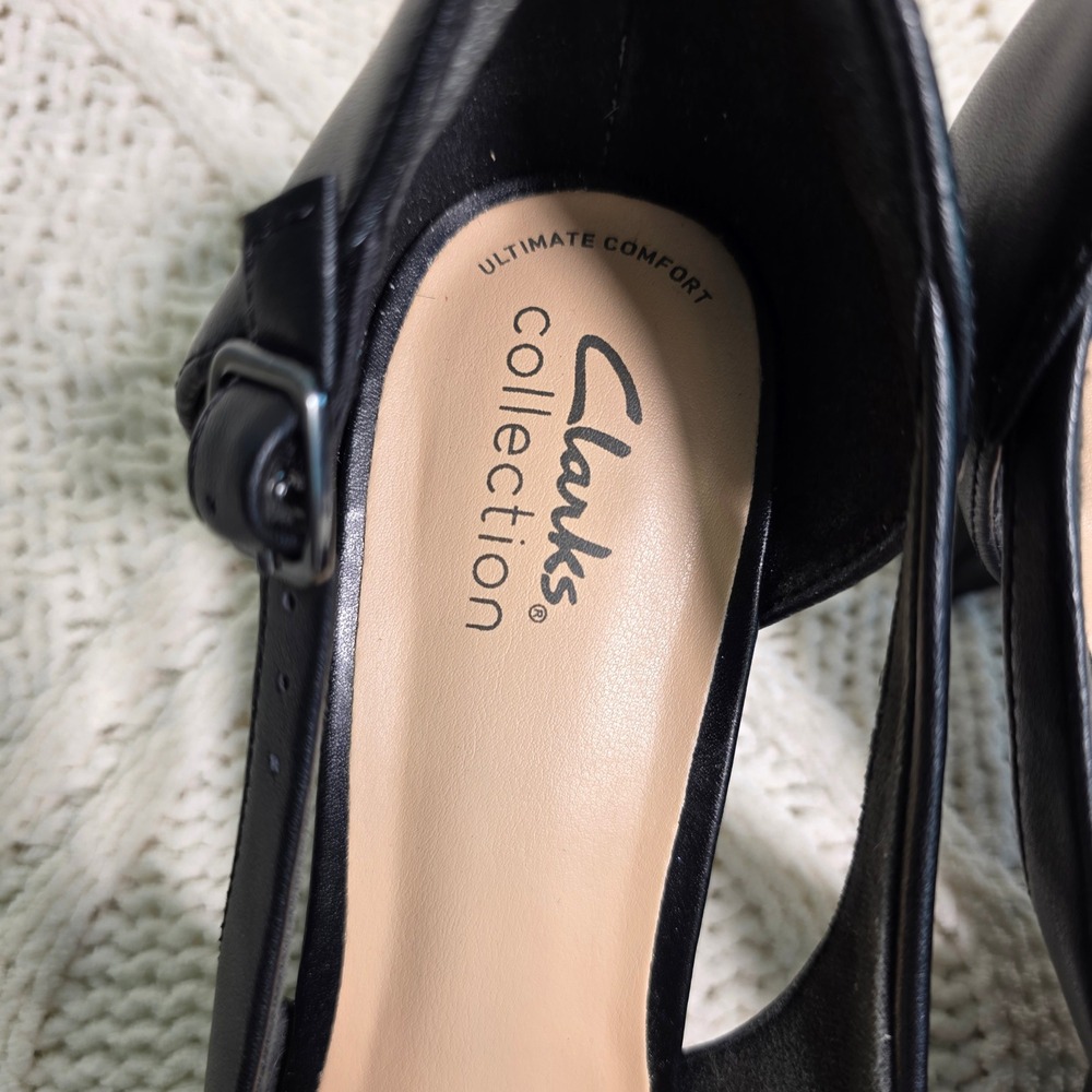 Clarks Kitten Heel Black Leather Pointed Toe Open Side Pump Womens 8 Excellent - Picture 5 of 10